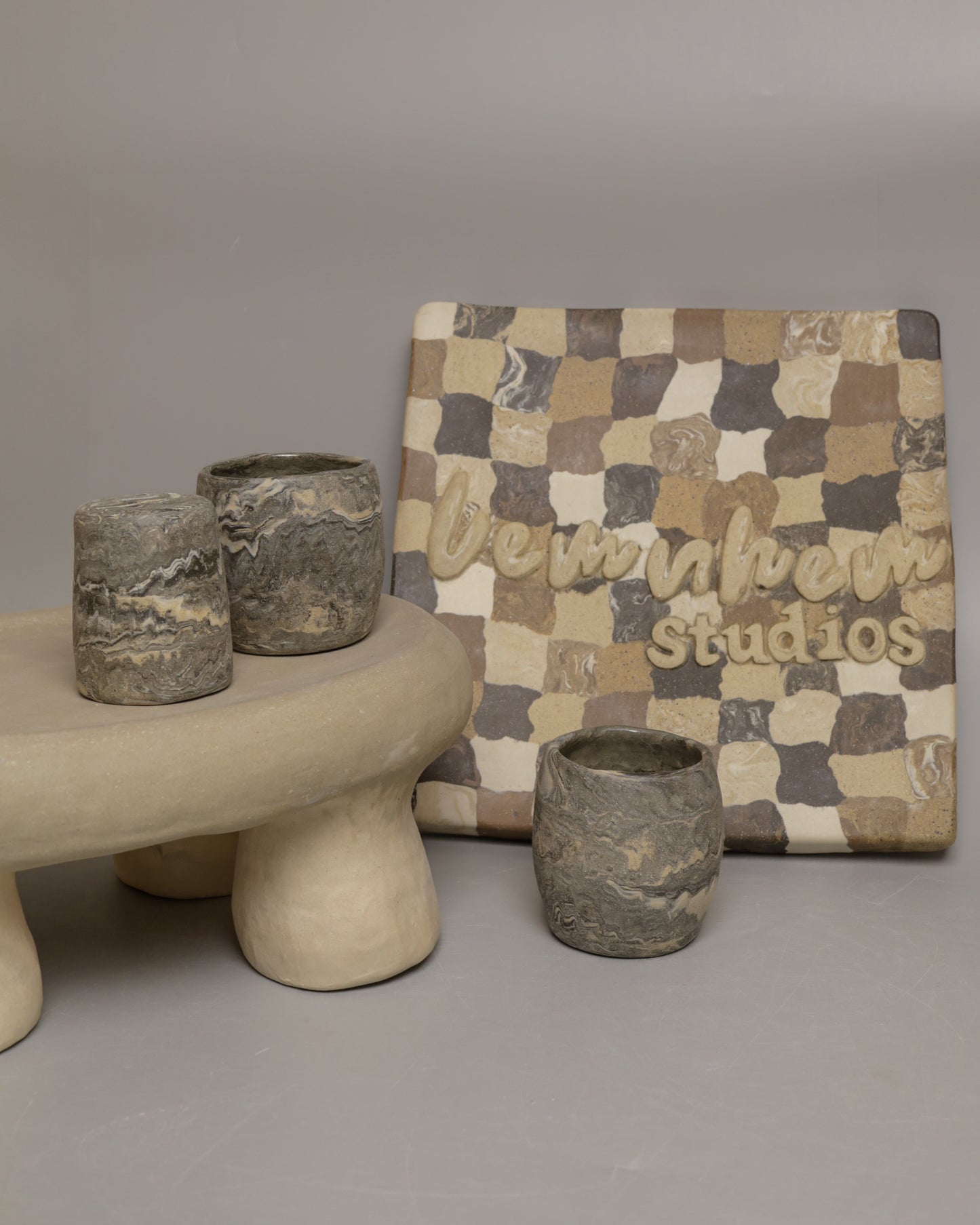 handbuilt marbled black-light buff-white cups
